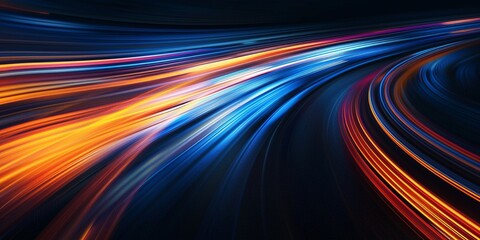 Dynamic neon light trails forming smooth curves and speed lines over a dark background, evoking technology, speed, or energy themes.