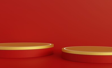 Red and gold podium, red background for advertising products in Chinese New Year and Christmas, New Year, popular, 3D illustration.