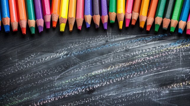 Row of colorful striped pencils placed on a dark chalkboard surface with copy space banner for creative or school educational themes. - Powered by Adobe