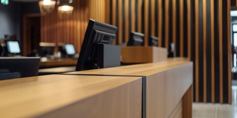 Modern hotel reception area with wooden counters and computer monitors, minimal and sleek design in warm lighting.