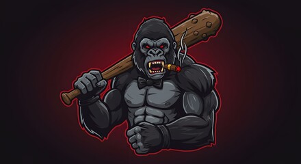 Animated, muscular gorilla with red eyes, bat on shoulder, smoking cigar, wearing a bow tie
