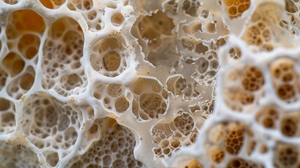 Fungal mycelium structure showing the intricate network of hyphae. Organic texture resembling biological tissue under magnification. Ideal for scientific, medical, nature articles
