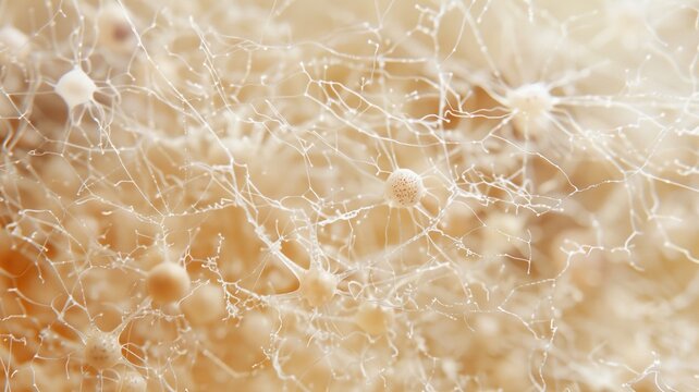 Closeup view of fungal mycelium structure showing the network of mushroom. Organic texture resembling biological tissue under magnification. Ideal for scientific, medical, nature articles