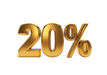 Golden 20 percent sign isolated on transparent background
