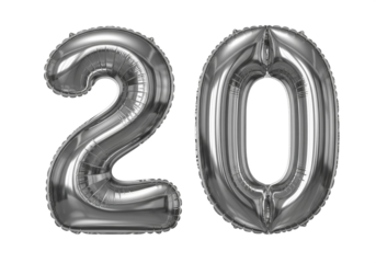 Silver balloon 20 number isolated on transparent background