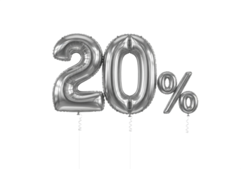 Silver balloons forming the number 20 and percent sign isolated on transparent background