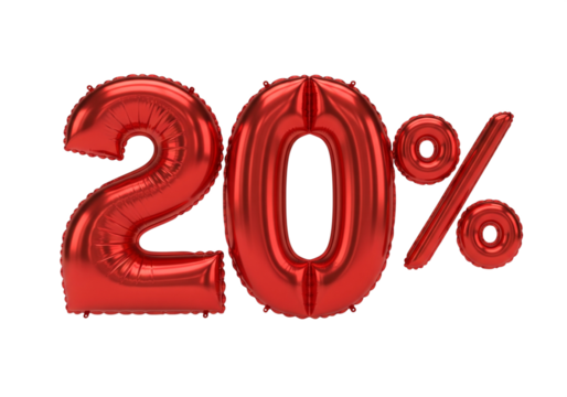 Red balloon 20 percent sign isolated on transparent background