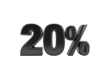 Glossy black 3d render of the number 20 with a percent sign, isolated on transparent background