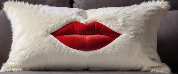 Close up of white cushion with red lips design on gray sofa. Stylish decorative pillow featuring red lips on gray couch. Fashionable lip motif cushion resting on modern sofa.