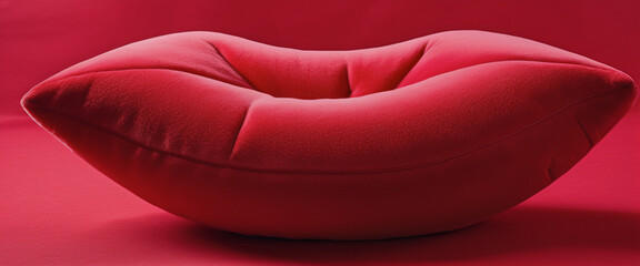 Unique red lips shaped sofa on red background. Stylish soft red couch with lip design. Elegant lip motif sofa with plush texture.