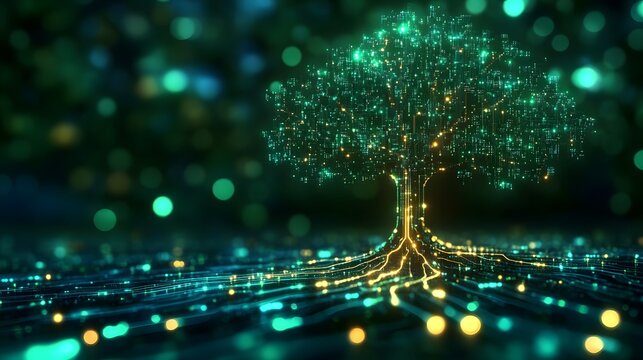 Digital tree with glowing roots and branches represents technology's connection to nature in a vibrant forest scene