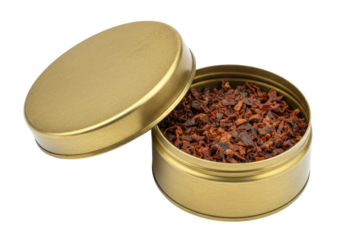 Isolated tobacco in a tin can with an open lid, ready for hand rolling or use in a pipe