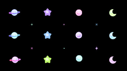 Cute 8bit Retro Game Style Planets Stars and Moon Illustration on Black Background