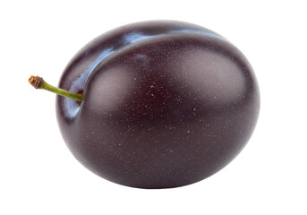 Isolated ripe plum with stem on clean background, stone fruit in studio shot, healthy diet