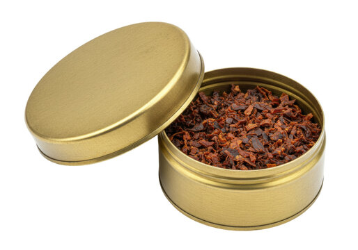 Isolated tobacco in a tin can with an open lid, ready for hand rolling or use in a pipe