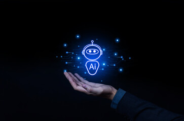 Businessman holding virtual AI robot icon with digital circuit background, symbolizing artificial intelligence, innovation, machine learning, and futuristic technology in modern digital transformation