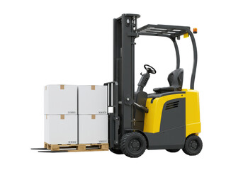 Isolated electric forklift loader carries stack of boxes on pallet at warehouse location
