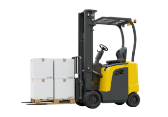 Isolated electric forklift loader carries stack of boxes on pallet at warehouse location