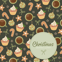 Vector seamless Christmas pattern with cupcakes, gingerbread cookies, coffee cups, bows, stars, and holiday toys isolated on a dark green background.