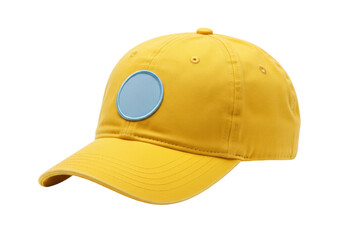 Fototapeta premium Isolated yellow baseball cap with light blue patch against neutral setting, sports gear