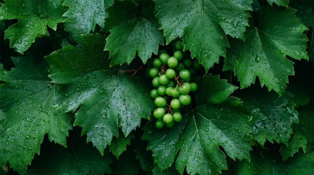 Closeup of fresh green grapes on vine leaves with water droplets and soft light, topdown view with copy space