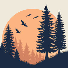 Vector art of birds flying over forest at sunset