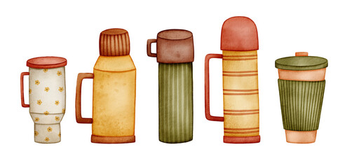 Watercolor set of thermoses and travel mugs in yellow, green, red and white colors. Hand-painted cozy illustration