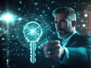 Professional man interacting with digital key symbol in futurist