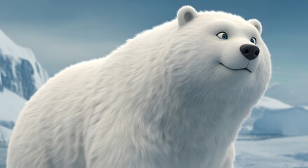 Animated polar bear smiles against a backdrop of icy mountains and a light blue sky