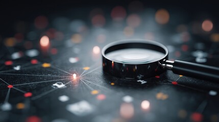 Closeup of magnifying glass over digital grid with connectivity icons, bright lines and analytics symbols on dark background, emphasizing data analysis and technology insights