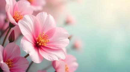 Fototapeta premium Delicate pink petals unfurl gracefully, revealing their soft beauty under a gentle light, creating a serene and tranquil natural display perfect for evoking feelings of peaceful spring awakening.