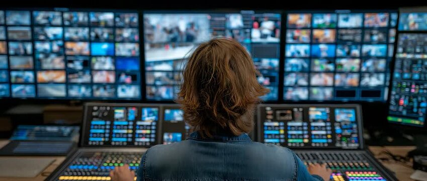 A broadcast specialist controls the live stream and ensures high-quality material by operating a video switcher panel surrounded by monitors showing several feeds.