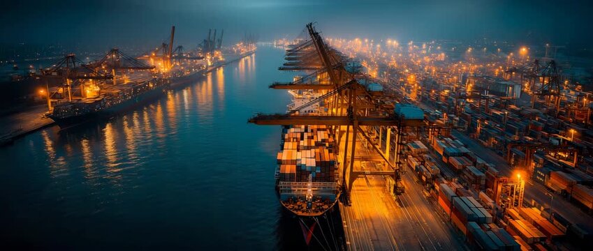 Industrial cargo container port loading and unloading in a nighttime aerial view hyperlapse of a container cargo ship international port terminal with gantry crane
