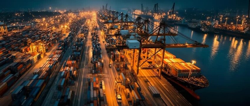 Industrial cargo container port loading and unloading in a nighttime aerial view hyperlapse of a container cargo ship international port terminal with gantry crane