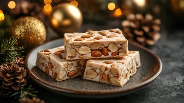 Traditional Spanish turr&oacute;n bars with almonds served on ceramic plate surrounded by holiday decorations, fir twigs, and golden ornaments in a festive sweet setup with copy space
