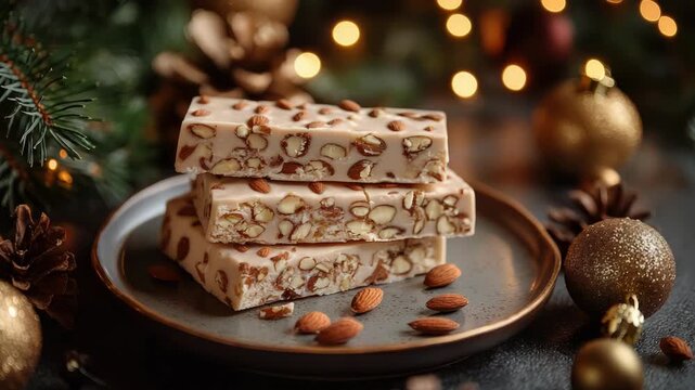 Traditional Spanish turr&oacute;n bars with almonds served on ceramic plate surrounded by holiday decorations, fir twigs, and golden ornaments in a festive sweet setup with copy space