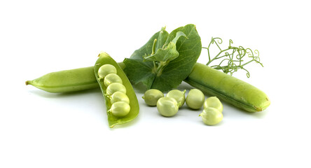 Fresh green peas, open pod, leaves and peas on a white background.