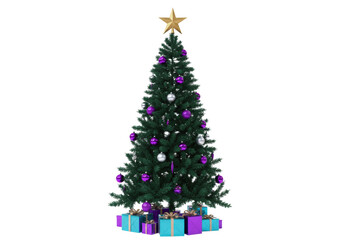 Isolated Christmas tree decorated with ornaments and golden star, gifts at bottom, holiday scene