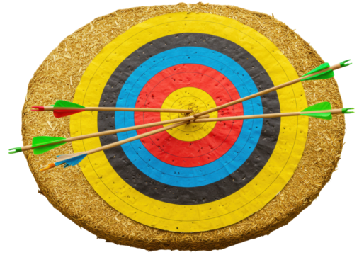 Isolated archery target with arrows hitting the bullseye for focus and success concept