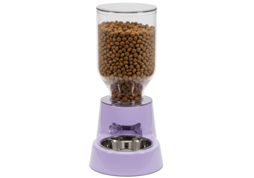 Isolated Purple Pet Feeder Filled with Food, Home Goods for Cats and Dogs, Automatic Dispenser