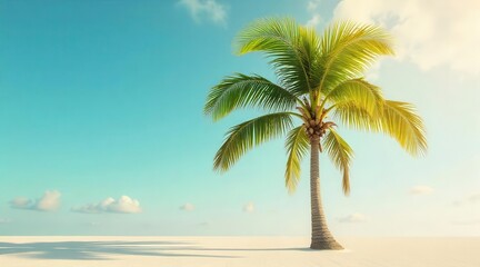 A solitary graceful palm tree with lush green fronds stands tall against a pristine tranquil blue sky above the soft white sun-drenched sandy expanse, creating an idyllic tropical paradise scene.