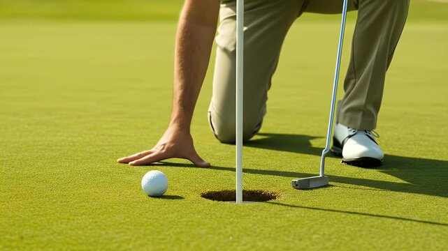 Realistic Golf Sports Background with Player Putting Ball into Hole on Green