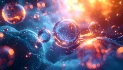 3D microscopic render of glowing nanoparticles in transparent plasma fluid, showing light interaction and nanotechnology energy field