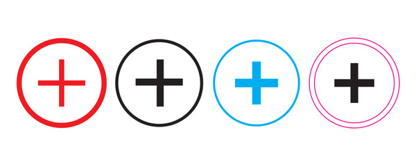 Plus Sign Vector Icon Set. Minimalist Add Symbol for Medical, Math, and Interface Design. Colorful Plus icon set in circle. Set of Medical cross icon in circle isolated on white Background.