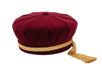 Isolated academic graduation velvet Tudor bonnet cap with gold braid and tassel, nobody here