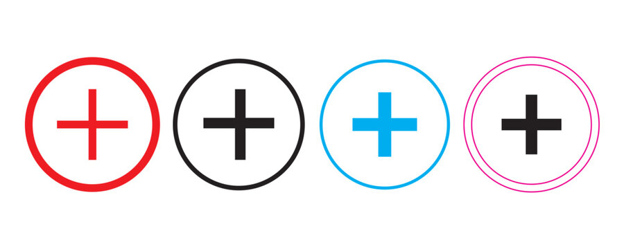 Plus Sign Vector Icon Set. Minimalist Add Symbol for Medical, Math, and Interface Design. Colorful Plus icon set in circle. Set of Medical cross icon in circle isolated on white Background.