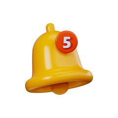 5 new notifications. Yellow 3D notification bell. Social media notification icon, new messages, app notifications, reminders or subscription alerts.
