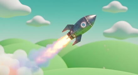 Animated scene with a retro rocket taking off over stylized green hills and clouds