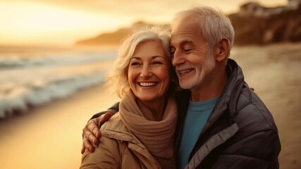 An elderly couple shares a joyful moment while walking along the beach during sunset, surrounded by soft waves and warm light - Powered by Adobe