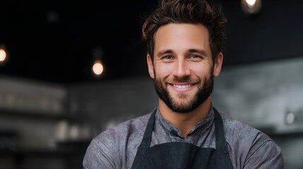 A confident and friendly man likely a barista or server smiles warmly at the in a modern cafe setting
